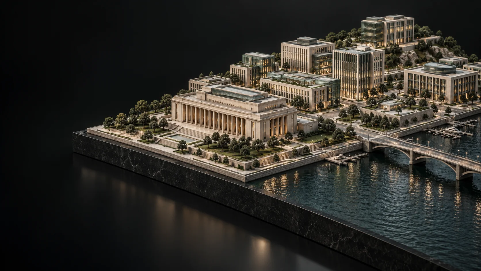 Illustrative three-dimensional architectural model of a civic district, with public buildings, a bridge and connected city infrastructure